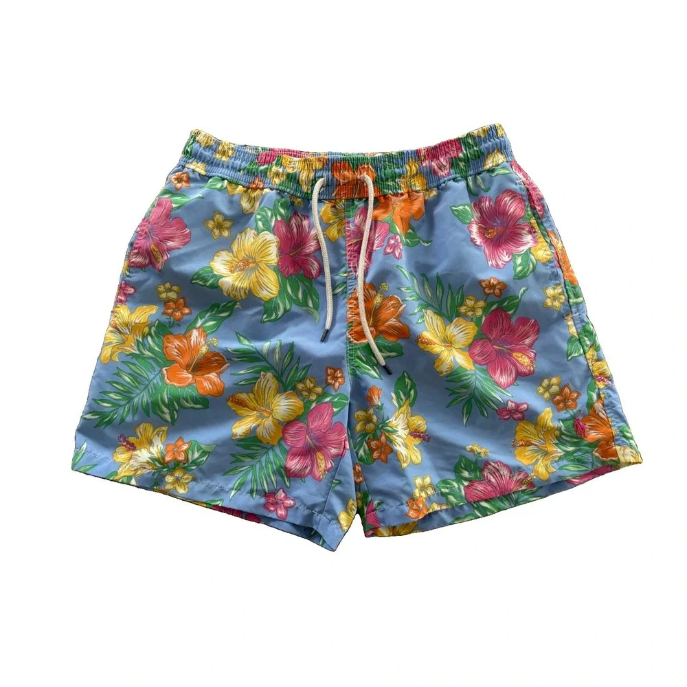 Polo Ralph Lauren Swim Trunks Men's Size M Blue Floral Tropical Hibiscus Shorts